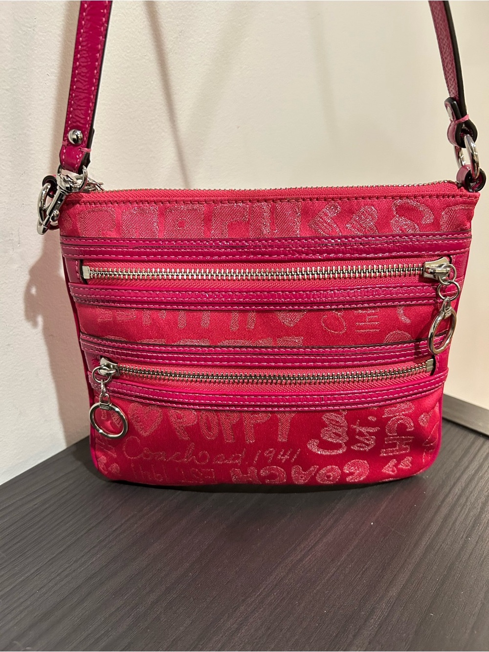 Coach Pink Fuchsia Crossbody with Heart Script Jacquard